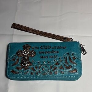 Teal Scripture Wristlet Wallet with Cross Accent